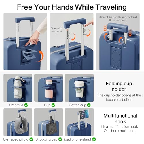 Carry On Luggage with Cup Phone Holder and Charger Hard Shell Suitcases with Spinner Wheels