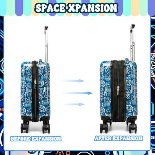 Kids Luggage Set Carry On Suitcase with U shaped Pillow Rolling Toddler Suitcase for Boys Travel Set Hardside Luggage with Spinner Wheels Airline Approved