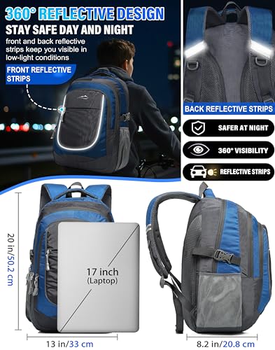 Extra Large Backpack Bookbag for College Travel Laptop Business Hiking Backpack Fit Laptop Up to 17 Inch Sturdy Multi Compartment Gifts for Men Women Night Light Reflective