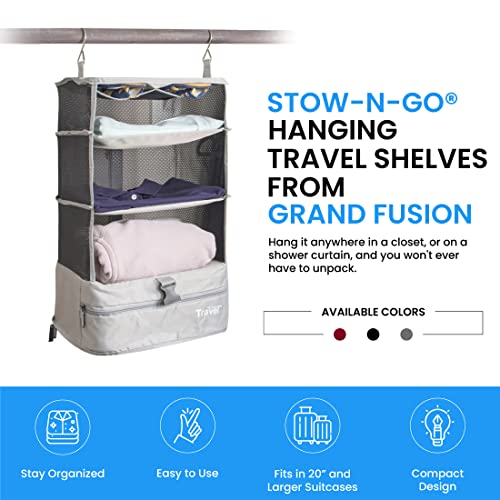 Stow-N-Go Portable Hanging Travel Shelves, Packing Organizer for Luggage. Carry on Closet with Hanger for Clothes. Expandable Packing Cube. Travel Essentials, Light Gray - L