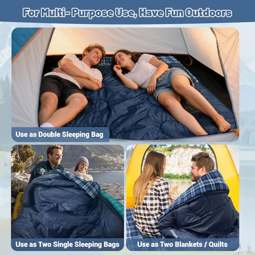 Double Sleeping Bag for Adults Machine Washable 2 Person Camping Sleeping Bag Queen Size Waterproof with Compression Sack for Cold Weather 3 (2 Count)