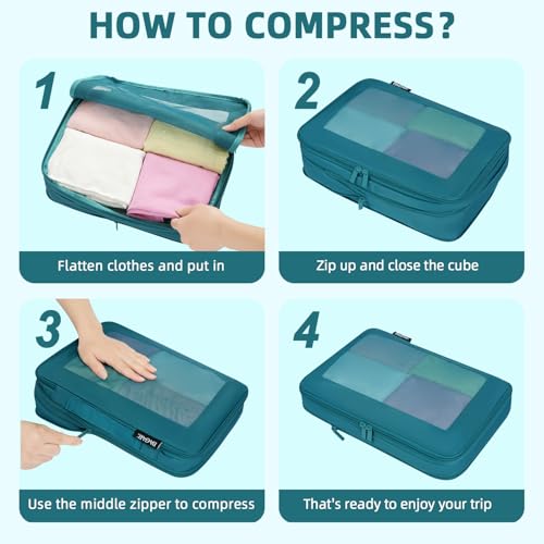4 Set/6 Set/8 Set Compression Packing Cubes Travel Accessories Expandable Packing Organizers (Square Mesh, 06-Teal)