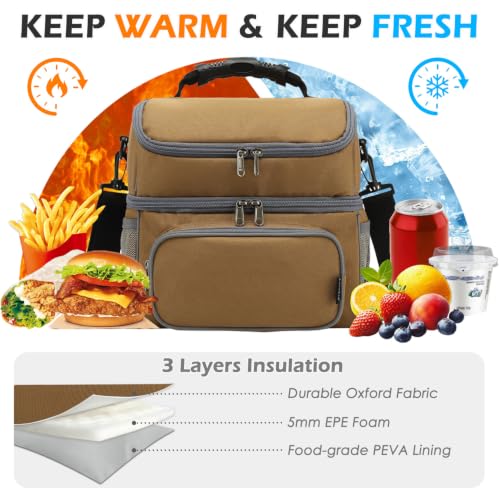 Double Layer Cooler Insulated Lunch Bag Adult Lunch Box Large Tote Bag for Men (Brown)