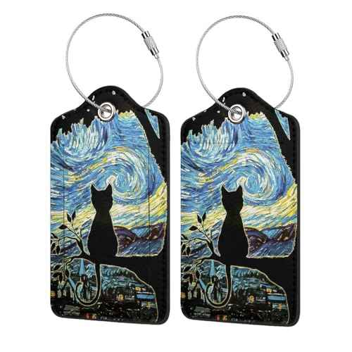 2 Pack Luggage Tags for suitcases Starry Night Cat TSA Approved Label Luggage Tag Baggage Tag Leather Stainless Steel Loop Label Tag for Men Women Travel Bag Suitcase (2 Count)