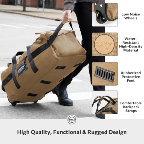 45/80/100L Rolling Duffel Bag with Wheels, Large Durable Travel Duffle + Toiletry Bag, Heavy Duty, Packable, Foldable with Shoulder Straps- Use as Luggage or Backpack, Men/Women (Tan)