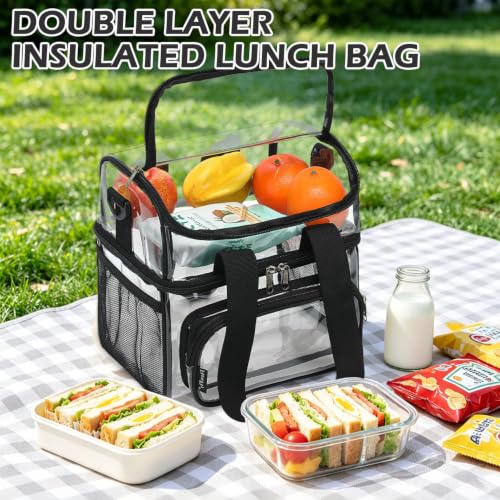 Clear Bag Double Decker Lunch Bag for Stadium Events Adult Large Transparent Tote for Men (Clear#Black)