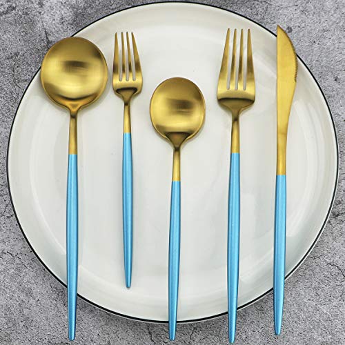 20-Piece 18/10 Stainless Steel Flatware Silverware, Luxury Dinnerware Set Travel Cutlery Tableware Include Knife Fork Spoon Service for 4, Dishwasher Safe (Blue Handle Matte Gold) (4 Count)