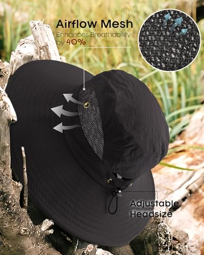 Womens Sun Hat with Ponytail Hole Beach Hiking Summer Wide Brim UPF 50+ Outdoor Protection Foldable Bucket Hat Black