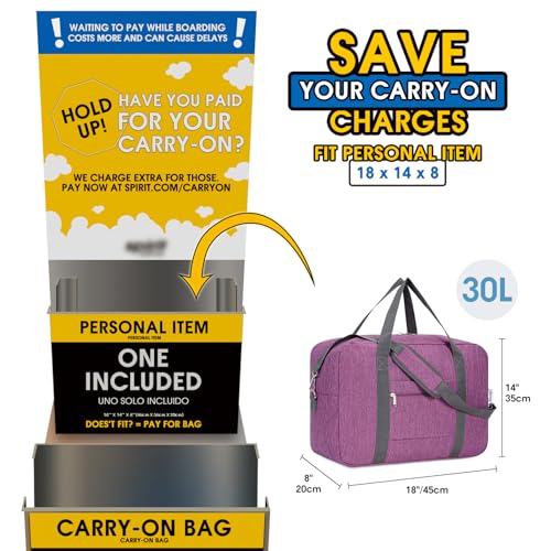 For Spirit Airlines Personal Item Bag 18x14x8 Foldable Travel Duffel Bag Tote Duffle Carry on Luggage for Women and Men 30L
