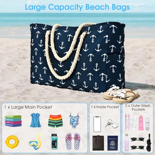 Beach Bag Large Beach Tote Bag for Women Waterproof Sandproof Swim Pool Bag With Zipper