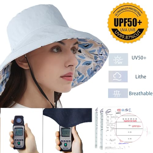Womens Sun Hats Wide Brim Reversible Bucket Cotton Hat Packable Summer Travel Cap with Hat Clip