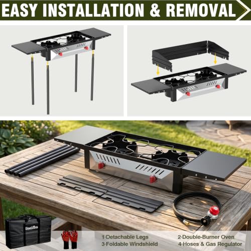 150000 BTU Dual Burner Camping Stove Portable Propane Wind Guard