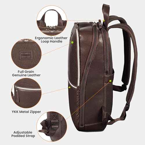 Leather Laptop Backpack for Men with Trolley Strap 16L Slim