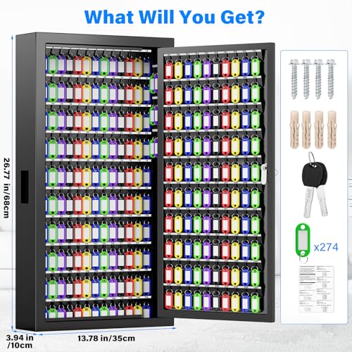 250 Keys Key Lock Box Wall Mount with Additional 24 Side Hooks and Key Tags