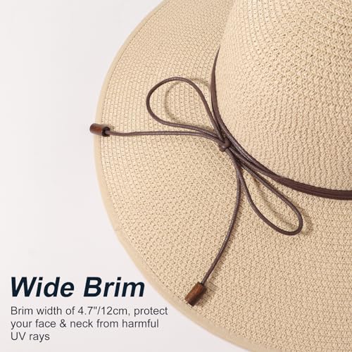 Womens Sun Straw Hat Bowknot Hat Summer Wide Brim Bucket Hats Foldable Beach Sun Hats Roll up UPF 50+