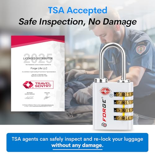 Dual-Opening: Key or Combination Access Lock, TSA Approved Locks for Luggage, Pelican case, Travel, Gym, School, Stainless Steel Shackle. (White, 2 Pk) (2 Count)