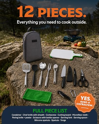12 Pcs Camp Cooking Utensil Set & Outdoor Kitchen Gear Cookware Kit