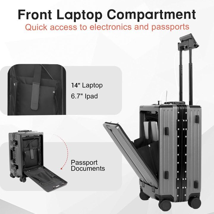 Carry On Luggage 22x14x9 Airline Approved Aluminum Frame, 20 Inch Hard Shell Carry On Luggage, Suitcase Carry-on Zipperless Luggage, TSA Approved (Grey)