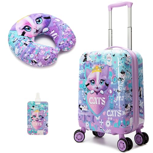 Cute Cat Kid's Luggage Set 2 Piece Suitcase Set 16" Hardside Luggage with Spinner Wheels Girls Carry on Toddler Travel Rolling Luggage Airline Approved (2 Count)