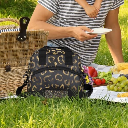 Black Gold Leopard Cheetah Insulated Lunch Bag for Women Men Adult Lunch Tote Bag with Shoulder Strap Reusable Lunch Box Large Containers Thermal Cooler Bag for Work School Picnic Lightweight Handbag (A02:Black Gold Leopard Cheetah)