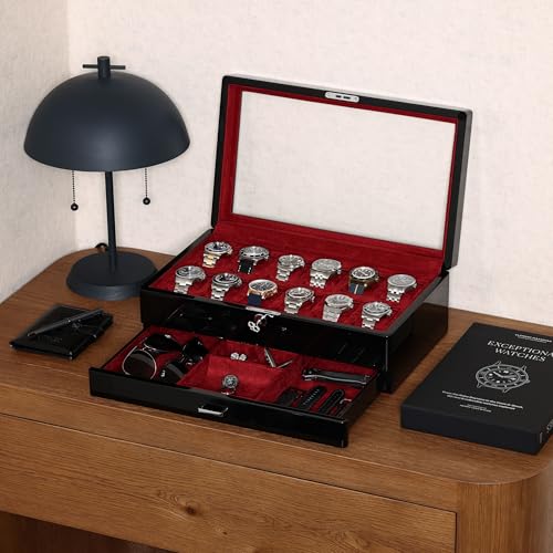 12 Slot Piano Black Watch Box with Valet Drawer
