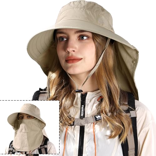 Sun Hat for Men Women with Neck Flap& Removable Face Cover Wide Brim