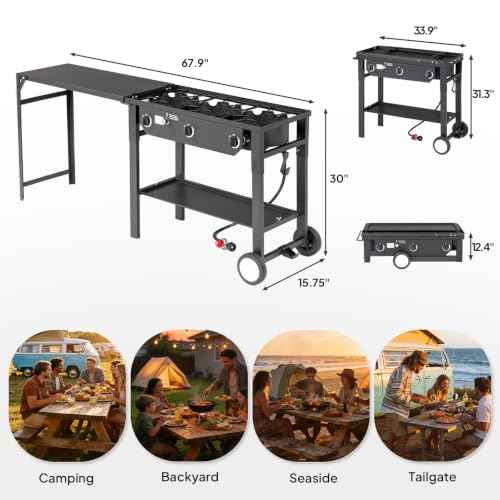 3 Burner Outdoor Propane Gas Stove with Foldable Side Table & Ignition