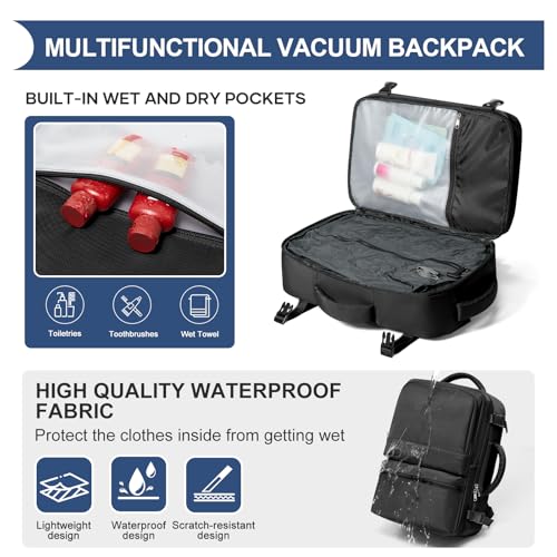 Vacuum Backpack Travel with Pump Vacuum Travel Backpack Carry On Flight Approved Frontier Spirit Airlines Personal Item Bag 18x14x8 Compression Carry On Luggage for Women Men Black