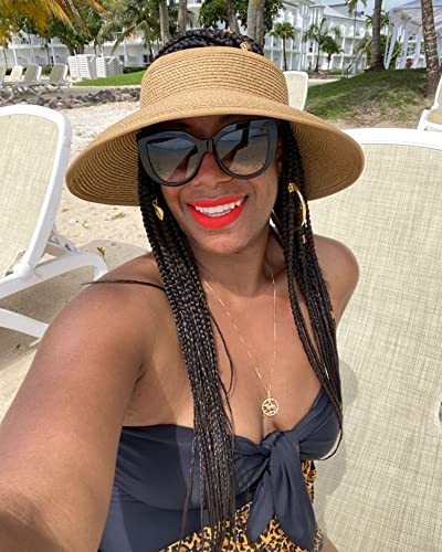 Womens Sun Hat with Ponytail Hole Wide Brim Beach Straw Visor