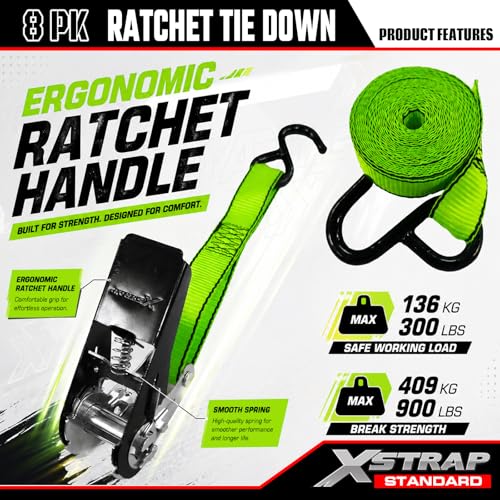 8 PK Ratchet Straps 1"x14ft Tie Down with Soft Loops (8 Count)