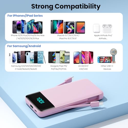 Portable Charger for iPhone with Built in Cables and Wall Plug