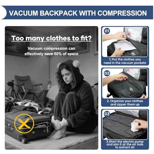 Vacuum Backpack Travel with Pump Vacuum Travel Backpack Carry On Flight Approved Frontier Spirit Airlines Personal Item Bag 18x14x8 Compression Carry On Luggage for Women Men Black
