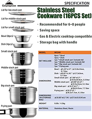 CAMPINGMOON 16PCS Camping Cookware Set Stainless Steel Outdoor Nesting Cooking Mess Kit Pots Pans Bowls with Storage Carrying Tote Bag MC240 (16 Count)