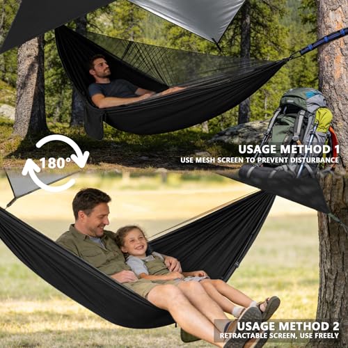 Camping Hammock with Rain Fly Tarp Mosquito Net Heavy Duty Tree Straps Portable Double Parachute Hammocks Tent Waterproof Rainfly Set