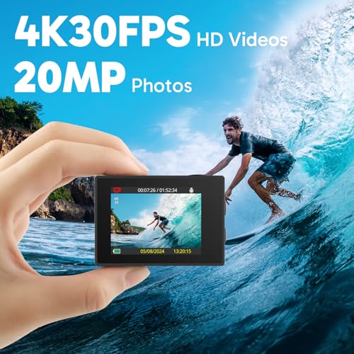 EK7000 4K30fps Action Camera with EIS Ultra HD 20MP 131ft Waterproof Underwater Camera with 4X Zoom Remote Control with Accessories Kit