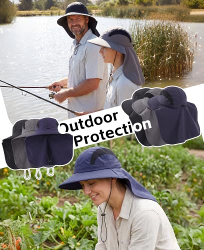 UPF 50+ Sun Hats for Men Women Wide Brim Fishing Hat with Neck Flap Summer Safari Beach Bucket UV Protection Cap for Hiking Gardening Black