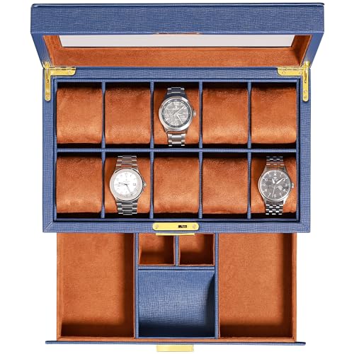 10 Slot Watch Box in Leather with Valet Drawer