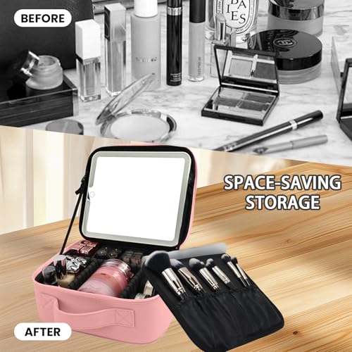 Travel Makeup Bag with LED Mirror Makeup Case with Light Up Mirror Portable Cosmetic Brush Organizer Bag with Adjustable Dividers for Cosmetics Makeup Brushes Toiletry