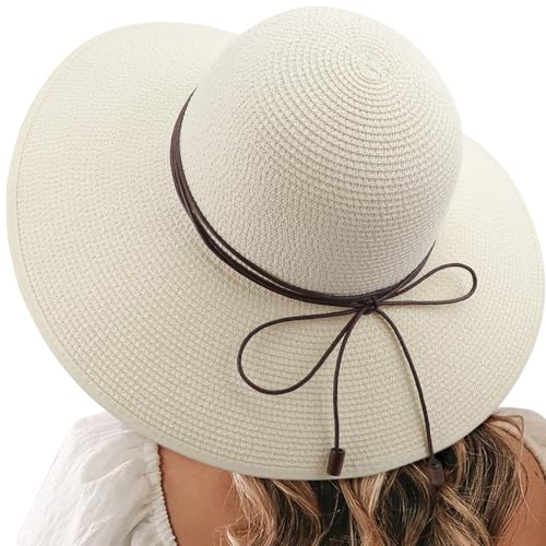 Womens Sun Straw Hat Bowknot Hat Summer Wide Brim Bucket Hats Foldable Beach Sun Hats Roll up UPF 50+