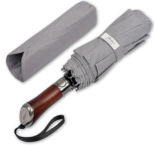 Folding Umbrella Lux Hardwood Handle Auto Open Close Houndstooth