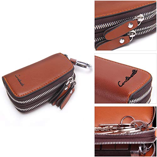Car Key Case Keychain Holder Leather Metal Hook and Keyring Double Zipper Key Holder