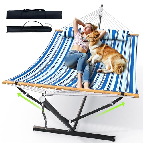 Double Hammock with Stand 500lbs Heavy Duty Outdoor Two Person Blue