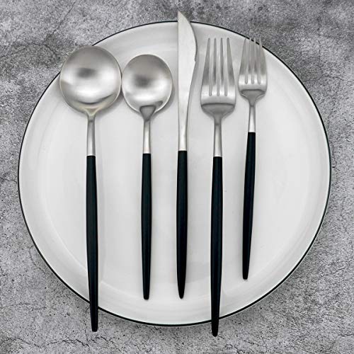 Black Handle Matte Silver Silverware Set
