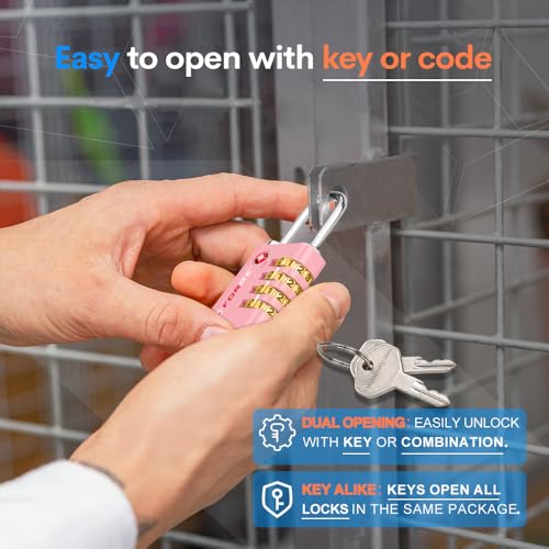 Dual-Opening: Key or Combination Access Lock, TSA Approved Locks for Luggage, Pelican case, Travel, Gym, School, Stainless Steel Shackle. (Pink, 2 Pk) (2 Count)