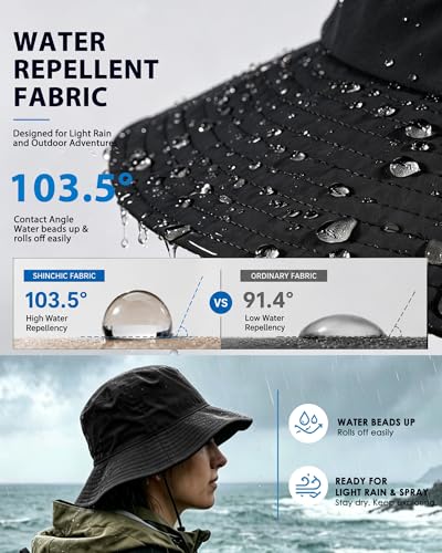 Water Resistant UPF 50+ Sun Bucket Hat Packable Brimmed for Women Men Black
