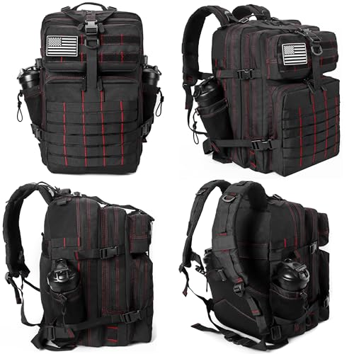 Military Tactical Backpack for Men and Women 45L Army 3 Days Assault Pack Bag Large Rucksack with Molle System Black with Red Line