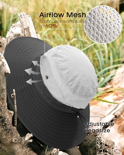 Womens Sun Hat with Ponytail Hole Beach Hiking Summer Wide Brim UPF 50+ Outdoor Protection Foldable Bucket Hat Grey