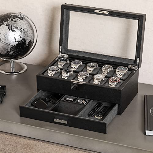 10 Slot Watch Box in Leather with Valet Drawer