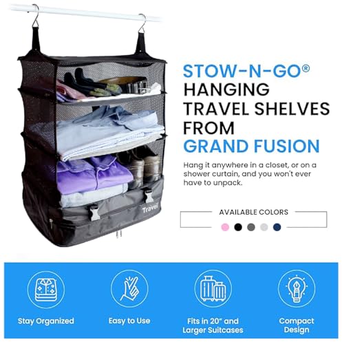 Stow-N-Go Hanging Travel Shelves, Packing Organizer for Luggage. Carry on Closet for Suitcase. Expandable Packing Cube. Travel Essentials. (Black - XL, XL = (L) 17.7" x (W) 11.8")