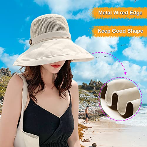 Women Mesh Crown Wide Brim Sun Hats Floppy Summer UV Protection UPF Hat for Beach Hiking Garden Travel Lawn Work Chin Strap